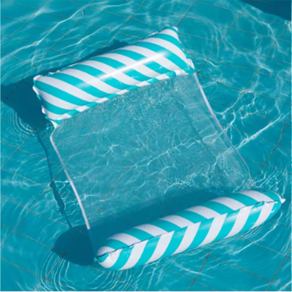 Beach & Pool Foldable Striped Inflatable Lounge Chair with Net Backrest, Comfortable Floating Bed for Summer Parties