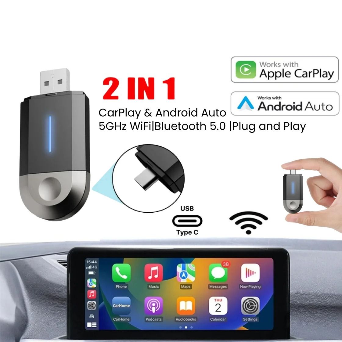 2-in-1 Wireless CarPlay And Android Auto Adapter With USB Type-C