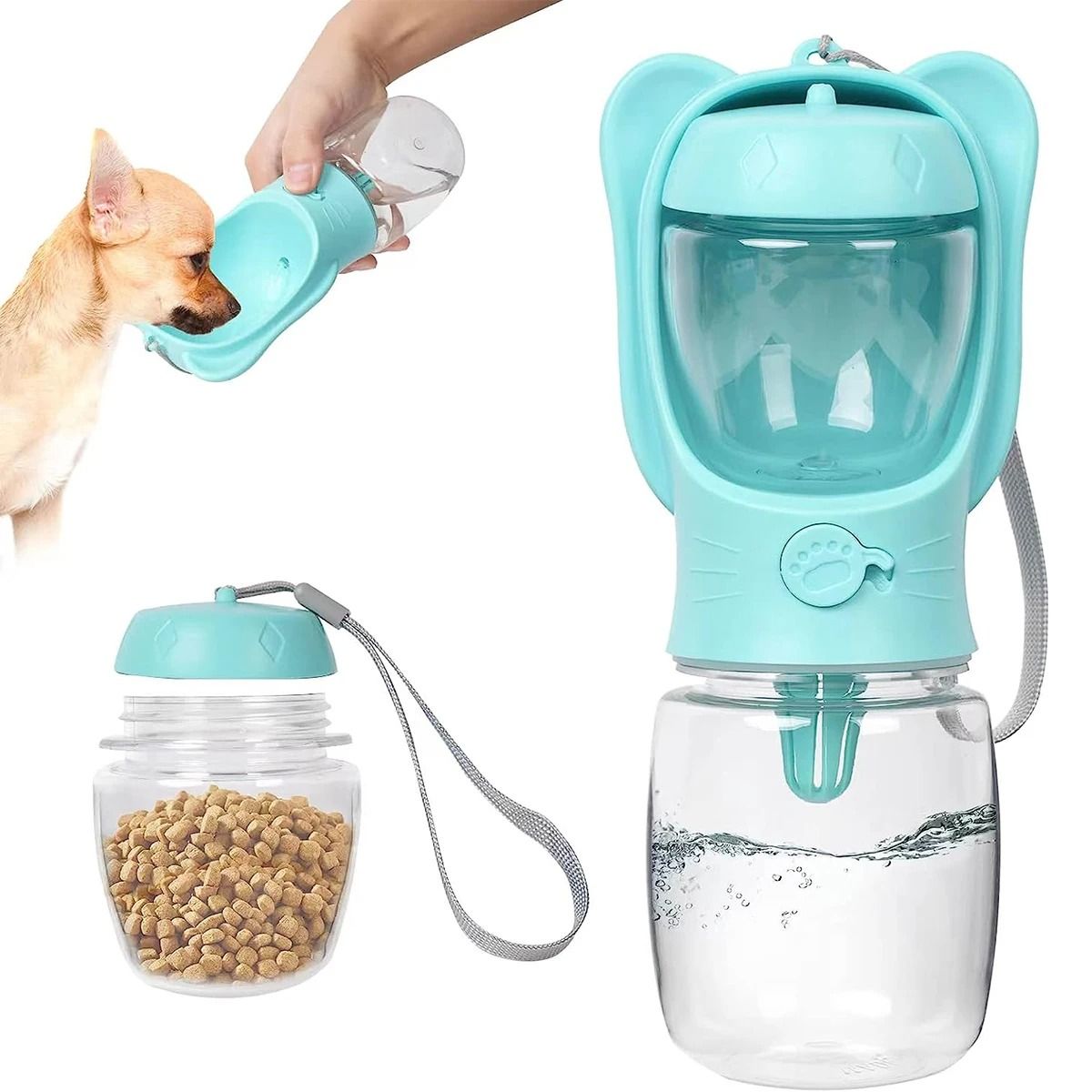 Pet Water Bottle with Detachable Food Container Leak Proof Travel Dispenser