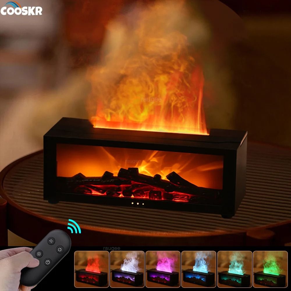 Flame Effect Aroma Humidifier with Essential Oil Diffuser LED Night Light and Remote Control