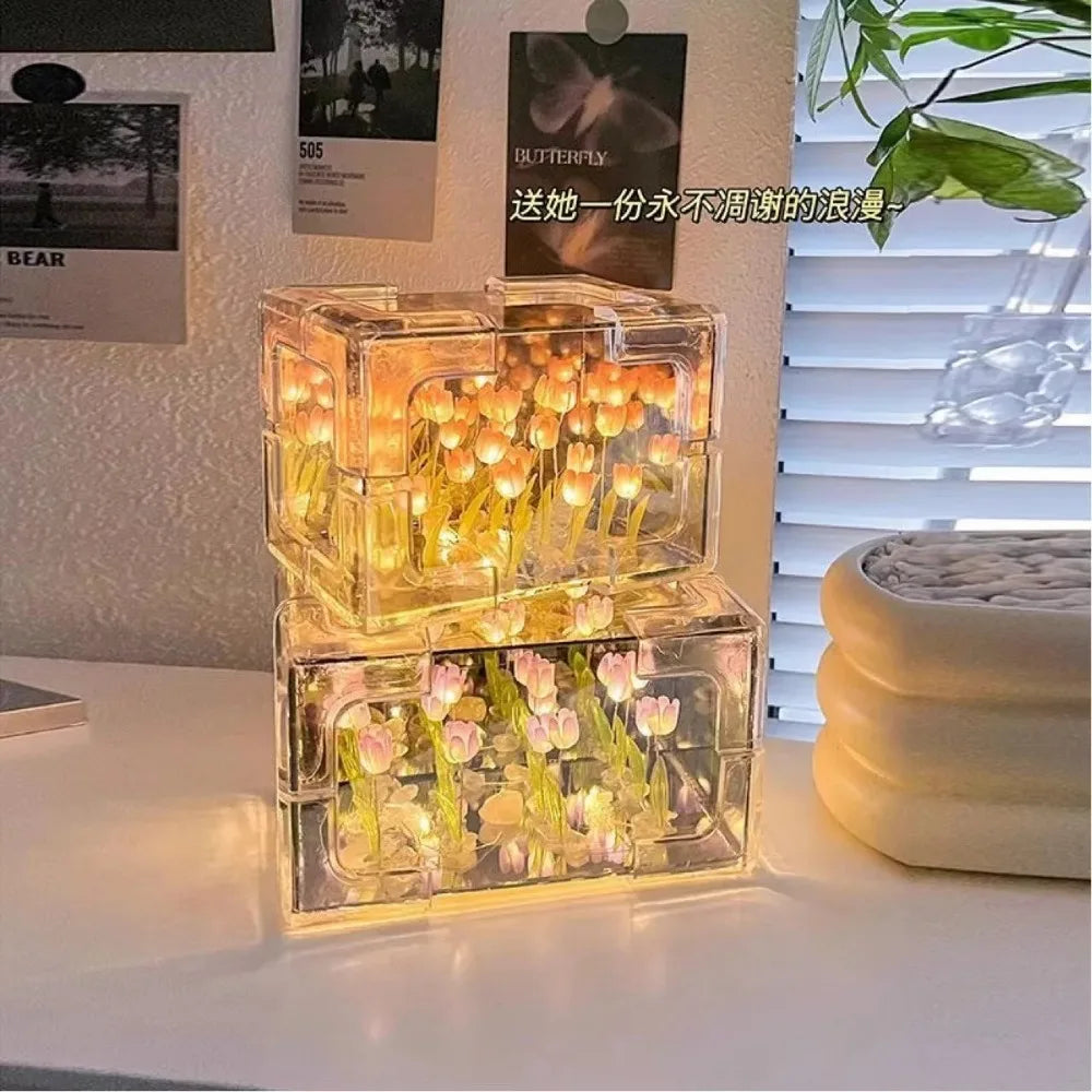Creative DIY Tulip Flower Sea Cube Night Light Kit, 3D Romantic Gift for Girlfriend, Couples