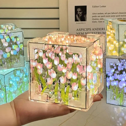 DIY Tulip Mirror Cube Lamp, Handmade Craft Night Light with Simulation Flowers for Bedroom, Birthday Gift Home Decor