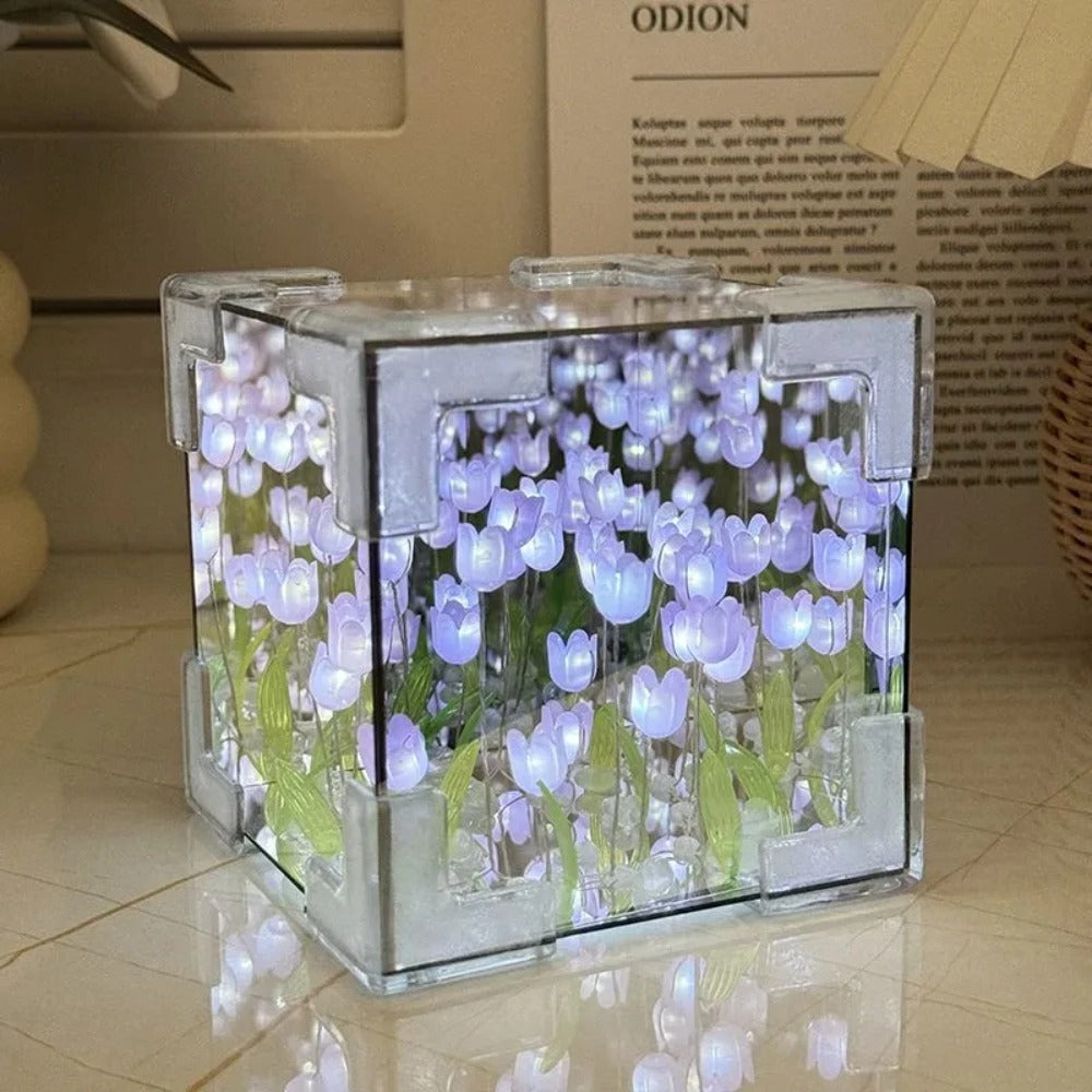 DIY Tulip Mirror Cube Lamp, Handmade Craft Night Light with Simulation Flowers for Bedroom, Birthday Gift Home Decor