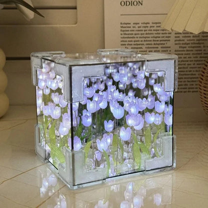 DIY Tulip Mirror Cube Lamp, Handmade Craft Night Light with Simulation Flowers for Bedroom, Birthday Gift Home Decor