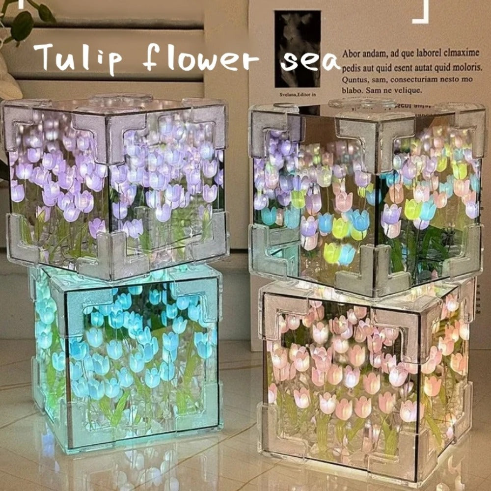DIY Tulip Mirror Cube Lamp, Handmade Craft Night Light with Simulation Flowers for Bedroom, Birthday Gift Home Decor