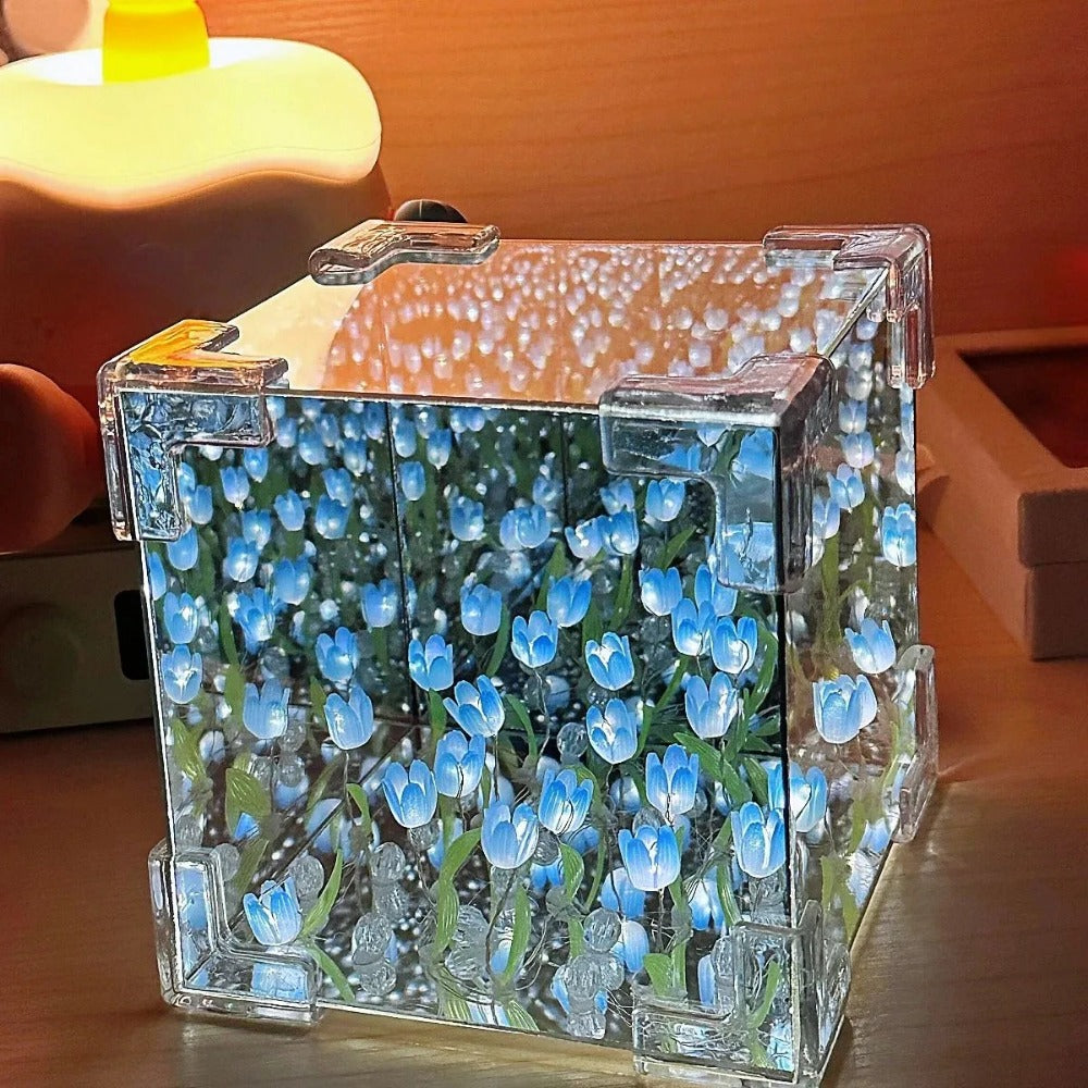 DIY Tulip Mirror Cube Lamp, Handmade Craft Night Light with Simulation Flowers for Bedroom, Birthday Gift Home Decor