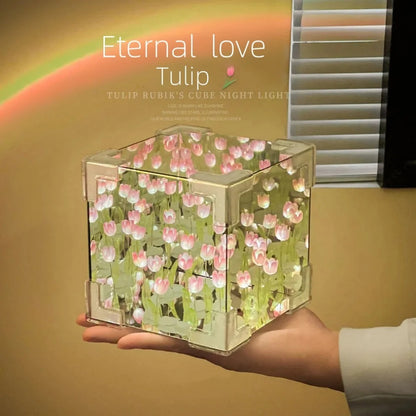 DIY Tulip Mirror Cube Lamp, Handmade Craft Night Light with Simulation Flowers for Bedroom, Birthday Gift Home Decor
