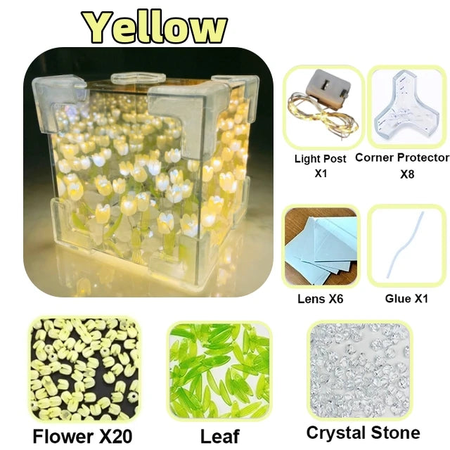 DIY Tulip Mirror Cube Lamp, Handmade Craft Night Light with Simulation Flowers for Bedroom, Birthday Gift Home Decor