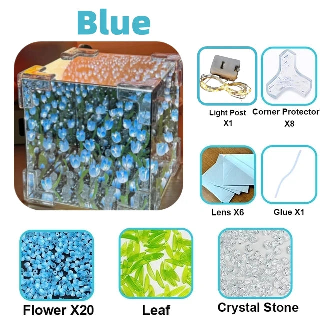 DIY Tulip Mirror Cube Lamp, Handmade Craft Night Light with Simulation Flowers for Bedroom, Birthday Gift Home Decor