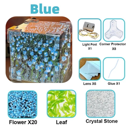 DIY Tulip Mirror Cube Lamp, Handmade Craft Night Light with Simulation Flowers for Bedroom, Birthday Gift Home Decor