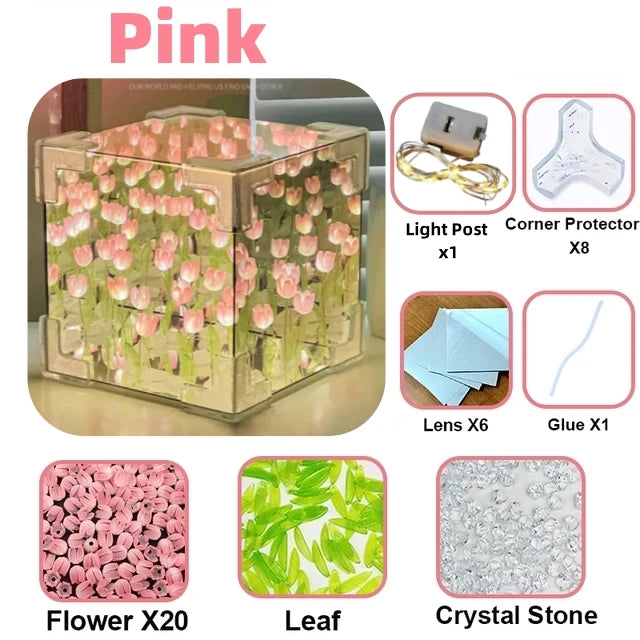DIY Tulip Mirror Cube Lamp, Handmade Craft Night Light with Simulation Flowers for Bedroom, Birthday Gift Home Decor