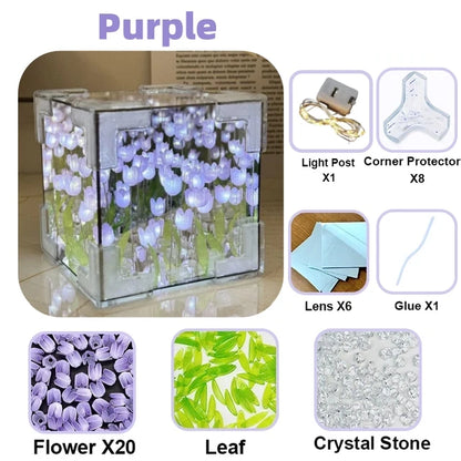 DIY Tulip Mirror Cube Lamp, Handmade Craft Night Light with Simulation Flowers for Bedroom, Birthday Gift Home Decor