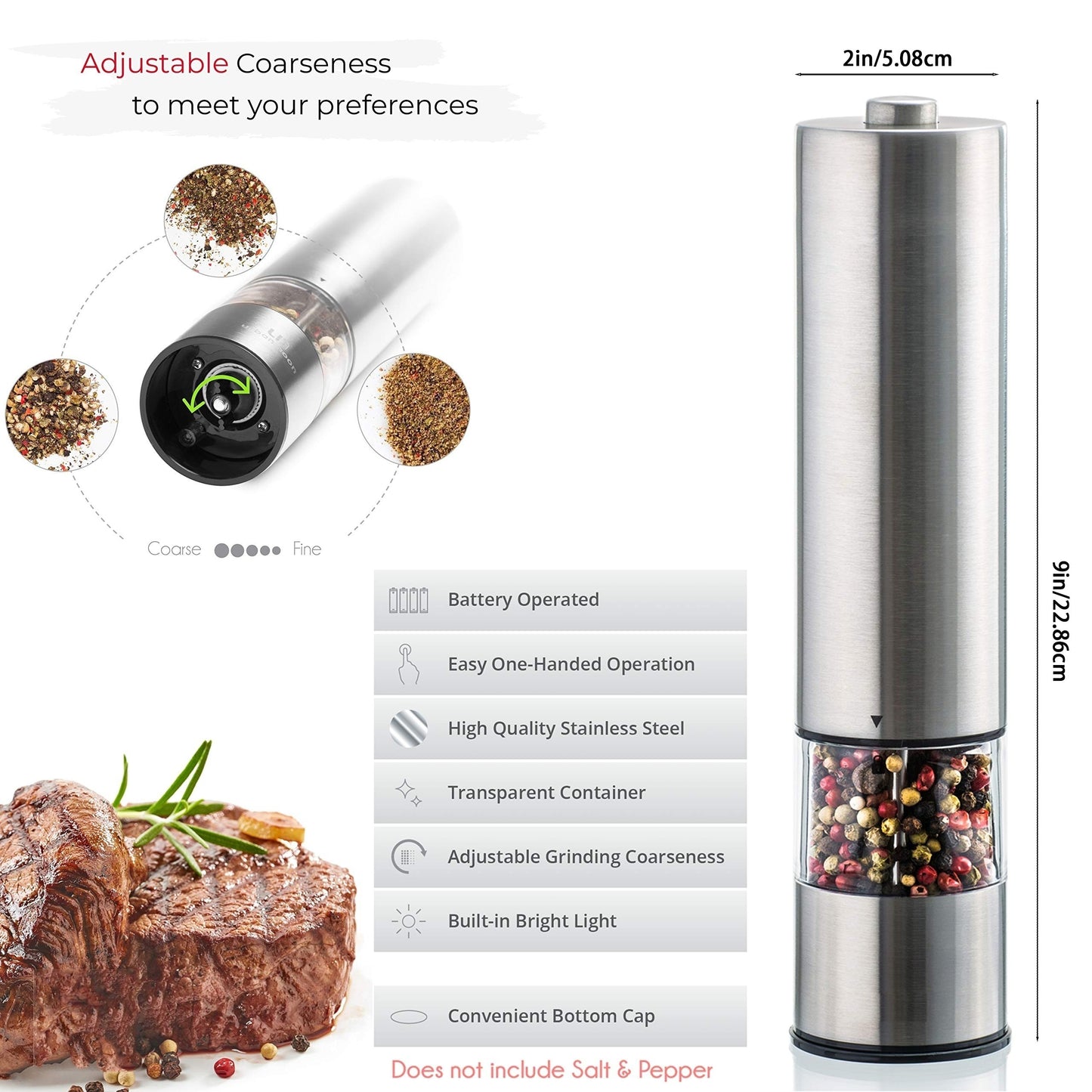 Electric Salt Pepper Grinder Set One Handed Operation Stainless Steel Spice Mill With LED Light Adj 5