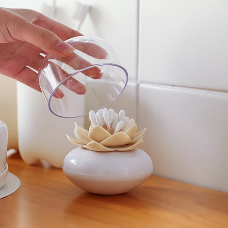 Lotus Shape Qtip Holder Cotton Swab Storage Box With Lid Multipurpose Toothpick Holder Bathroom Org 2