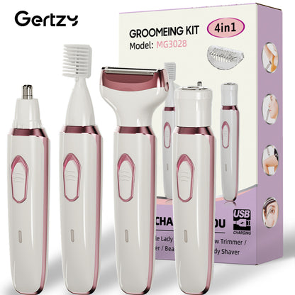 4-in-1 Rechargeable Electric Razor for Women, All-in-One Painless Grooming Kit for Face, Nose, Legs, Underarm & Bikini,