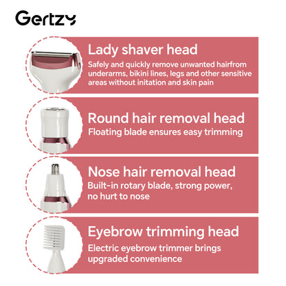 4-in-1 Rechargeable Electric Razor for Women, All-in-One Painless Grooming Kit for Face, Nose, Legs, Underarm & Bikini,