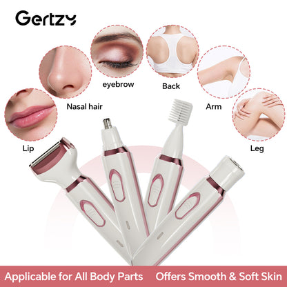 4-in-1 Rechargeable Electric Razor for Women, All-in-One Painless Grooming Kit for Face, Nose, Legs, Underarm & Bikini,