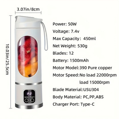 LED Display Mixer, 450ml USB Rechargeable Portable Milkshake & Smoothie Maker with 12-Piece Juicer Set