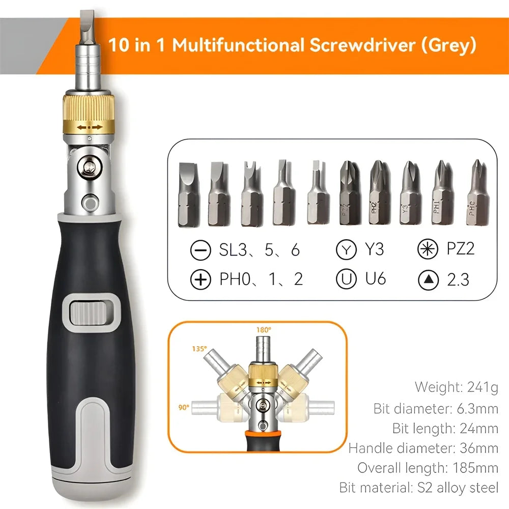 10 In 1 Multi Angle Ratchet Screwdriver Portable Adjustable Repair Tools Hidden Bit Magazine Bidire 6