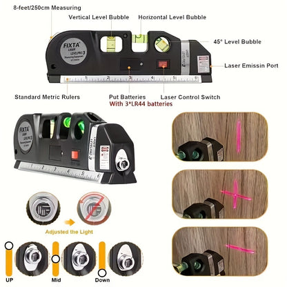 Multipurpose Laser Level Kit, Easy to Use Cross Line Laser Tool with Standard Level & Measure Tape Ruler