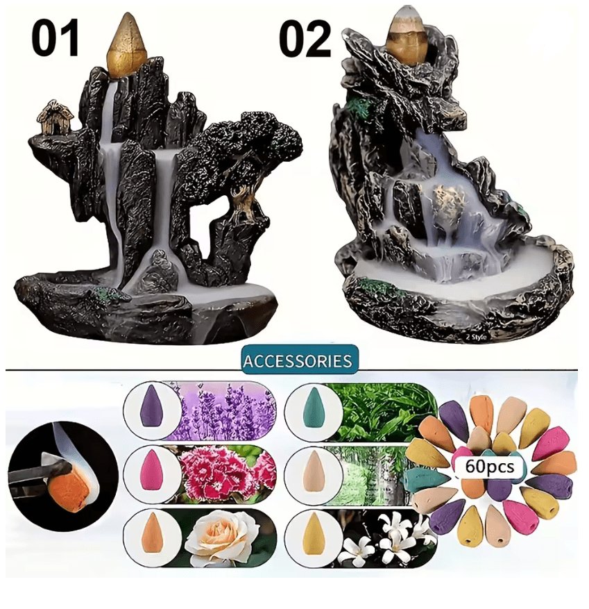 Mountain River Backflow Incense Burner With Waterfall Design And 60 Cones 3