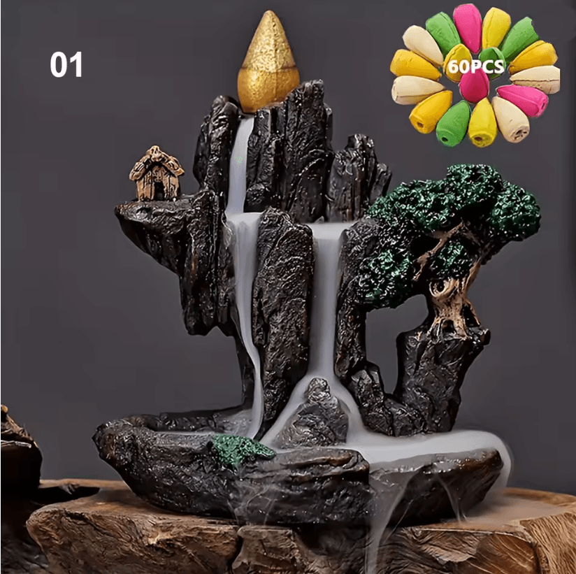 Mountain River Backflow Incense Burner with Waterfall Design and 60 Cones