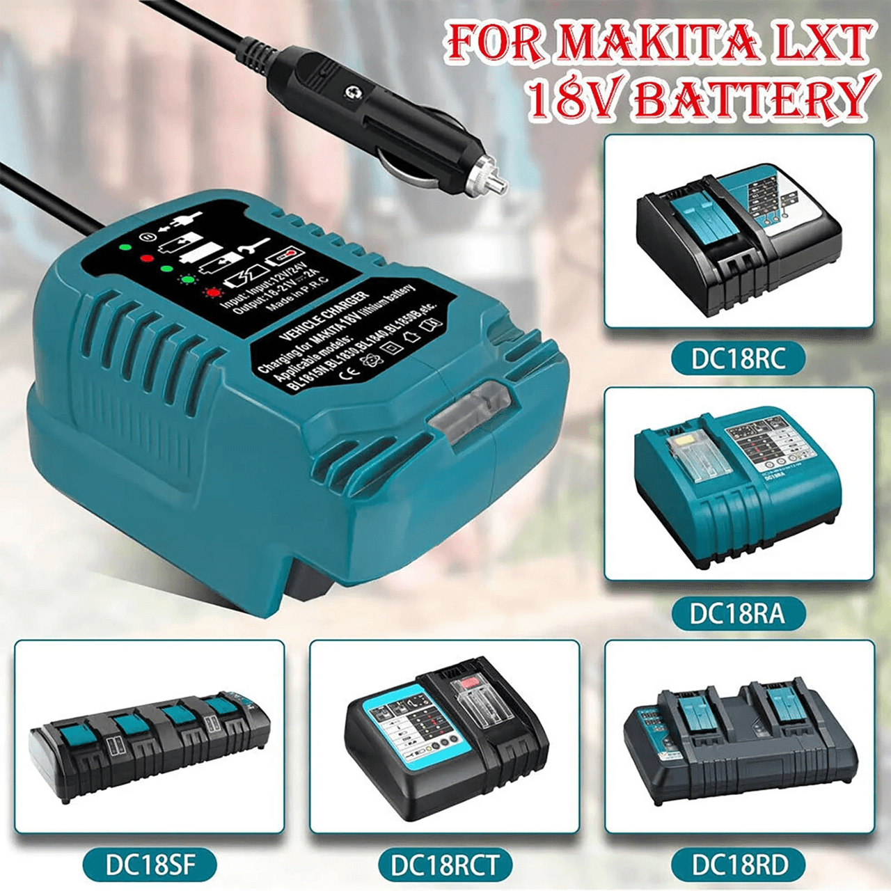 DC Car Charger Adapter with LED for Makita 18V LXT Battery Compact 12V 24V Plug