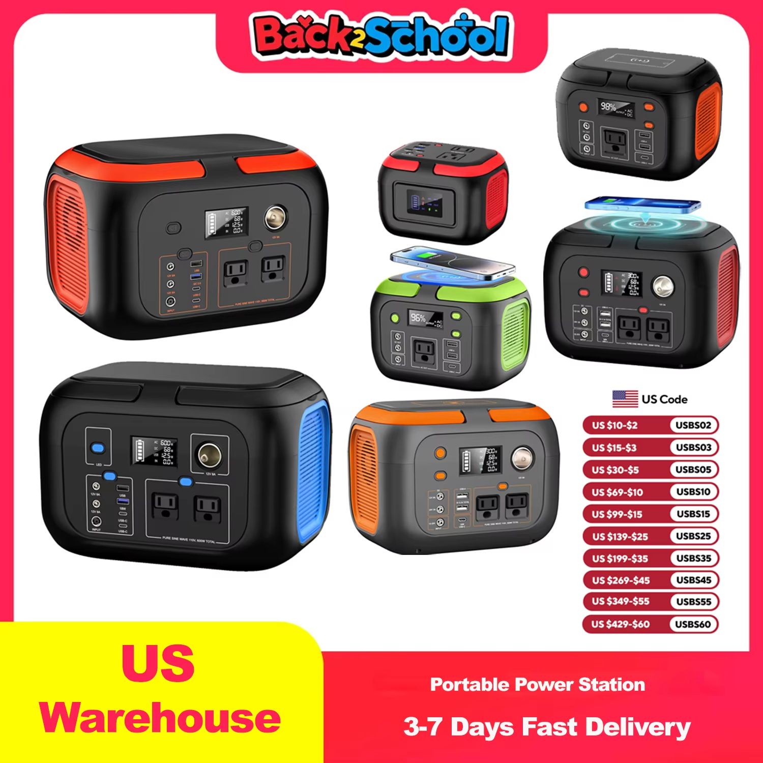 Portable Power Station – 120W/200W/300W/600W Solar Generator with AC Outlets for Camping, RV & Home Backup