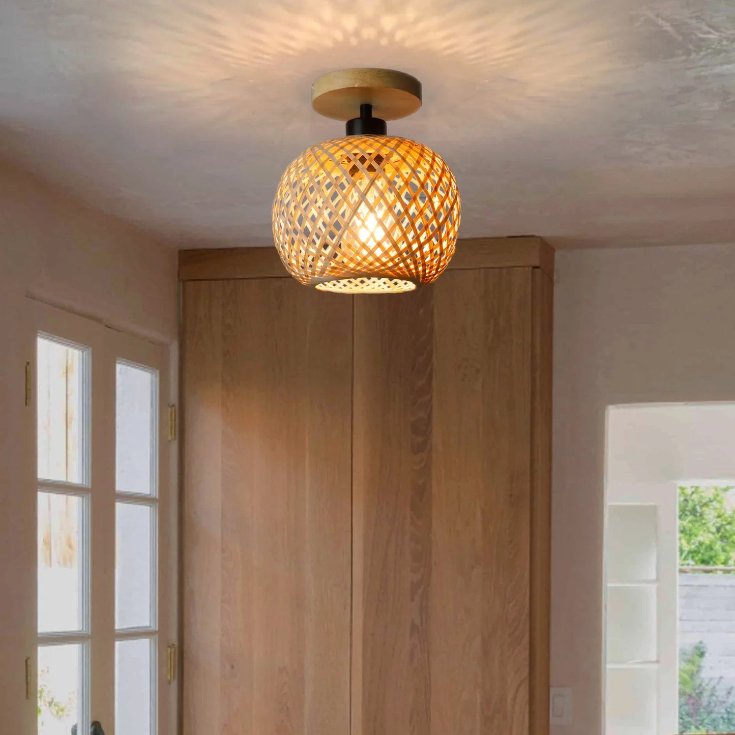Retro LED Bamboo Woven Ceiling Lamp For Corridor Aisle  Living Room Decorative Woven Lamps  Natural 1