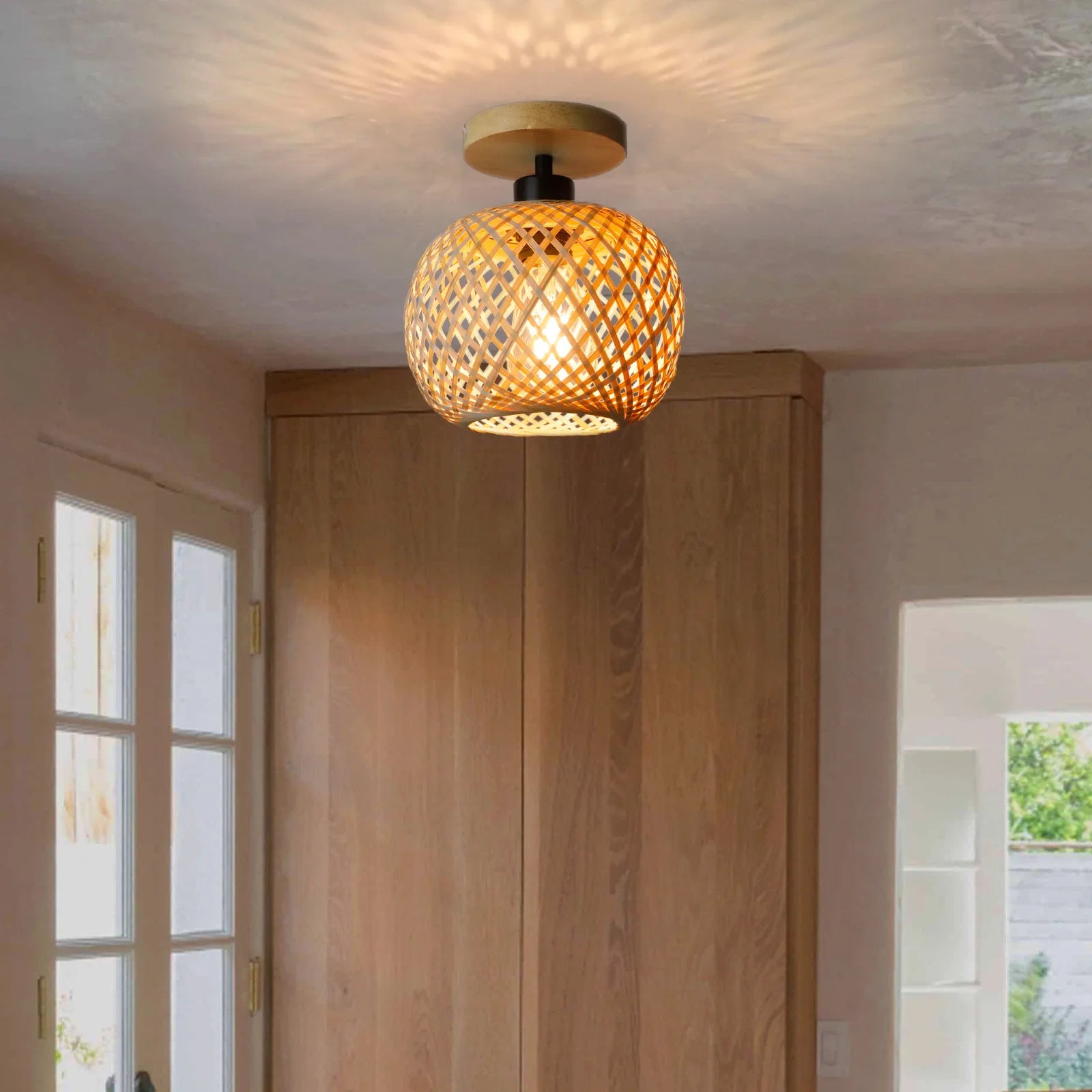 Retro LED Bamboo Woven Ceiling Lamp For Corridor Aisle  Living Room Decorative Woven Lamps  Natural 1