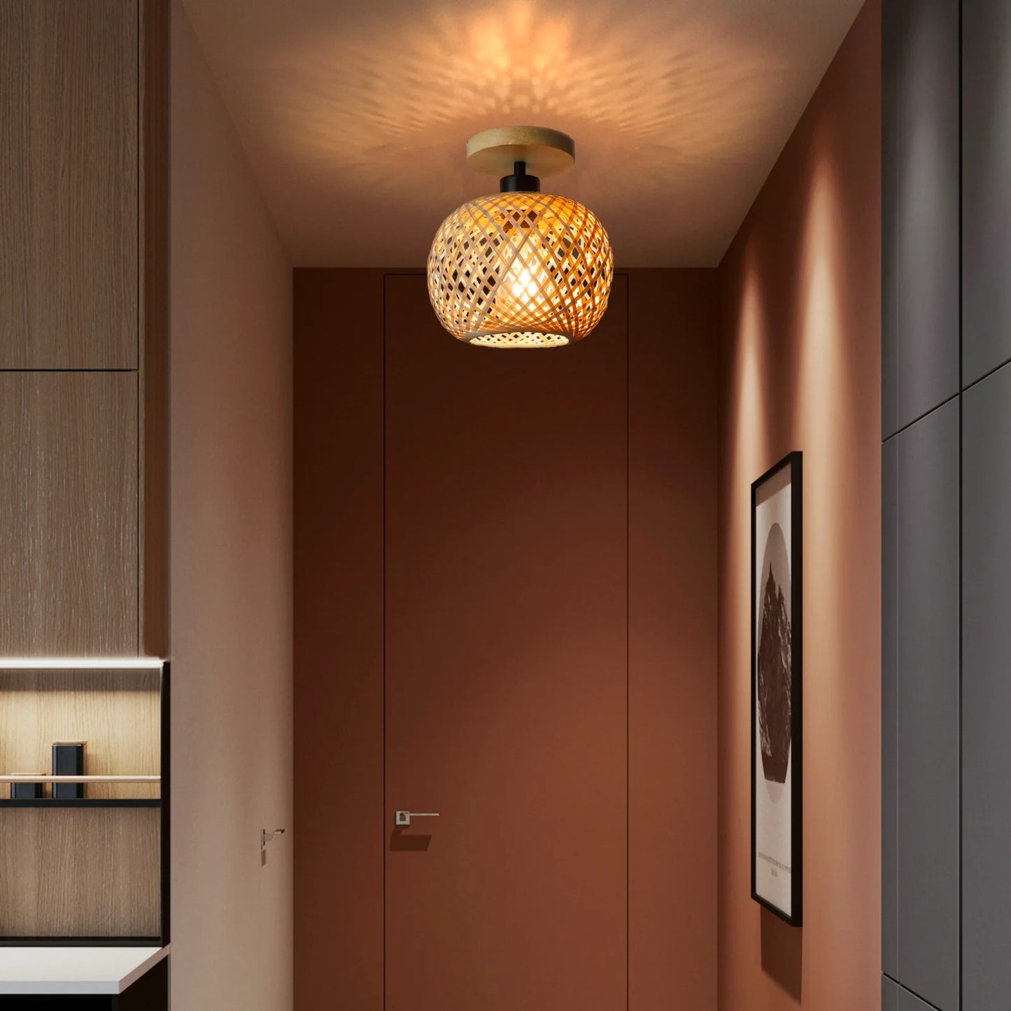 Retro LED Bamboo Woven Ceiling Lamp For Corridor Aisle  Living Room Decorative Woven Lamps  Natural 2
