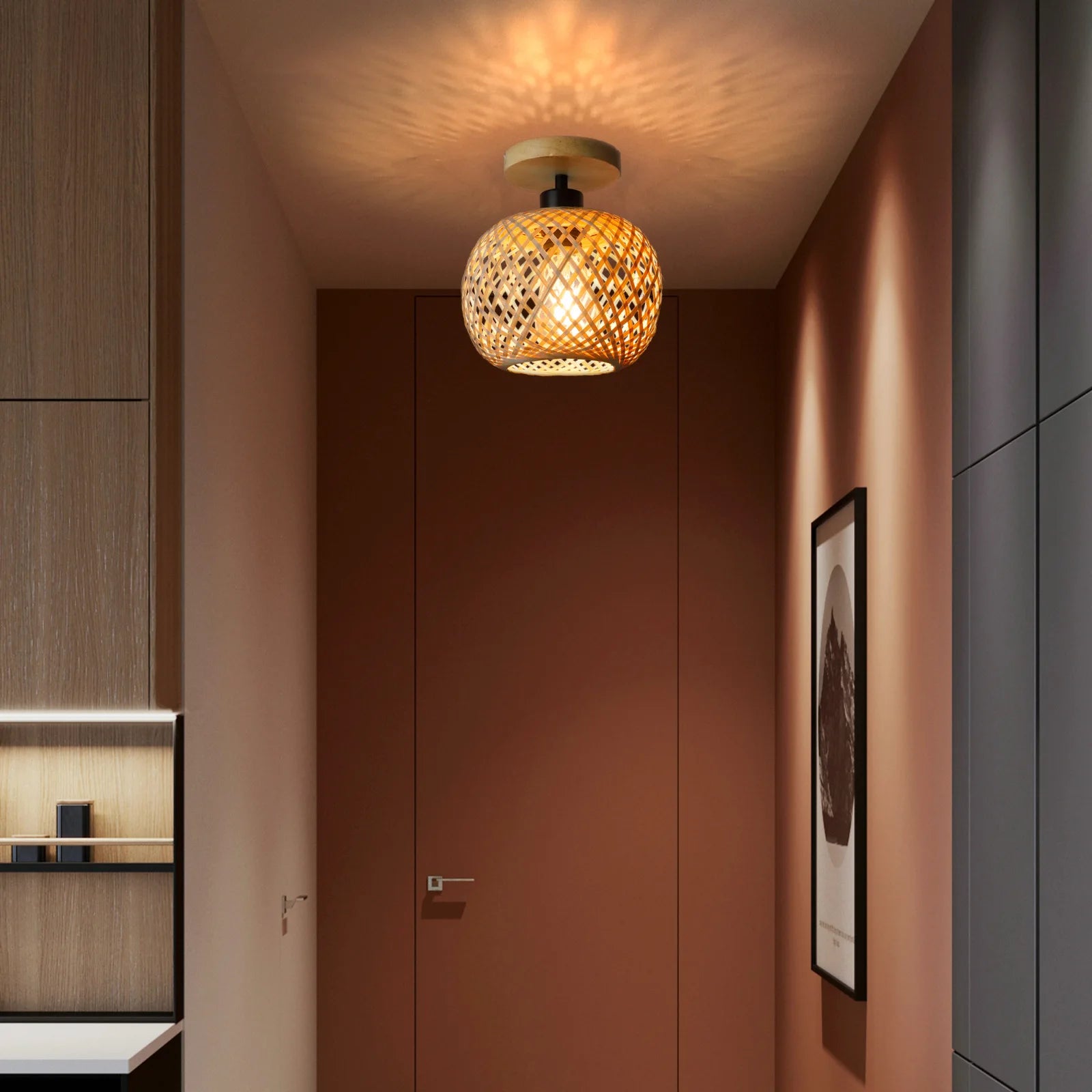 Retro LED Bamboo Woven Ceiling Lamp For Corridor Aisle  Living Room Decorative Woven Lamps  Natural 2