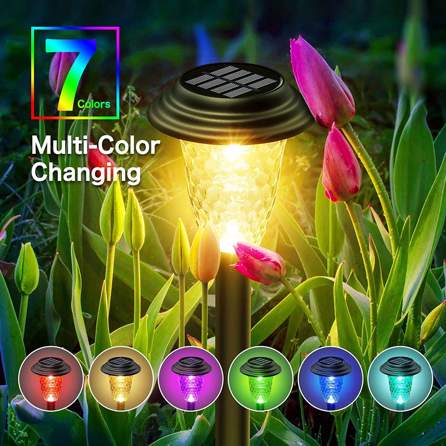 Outdoor Solar Pathway Lights with RGB Color Changing & Warm White Modes, IP Waterproof LED Solar Yard Lamp for Driveway