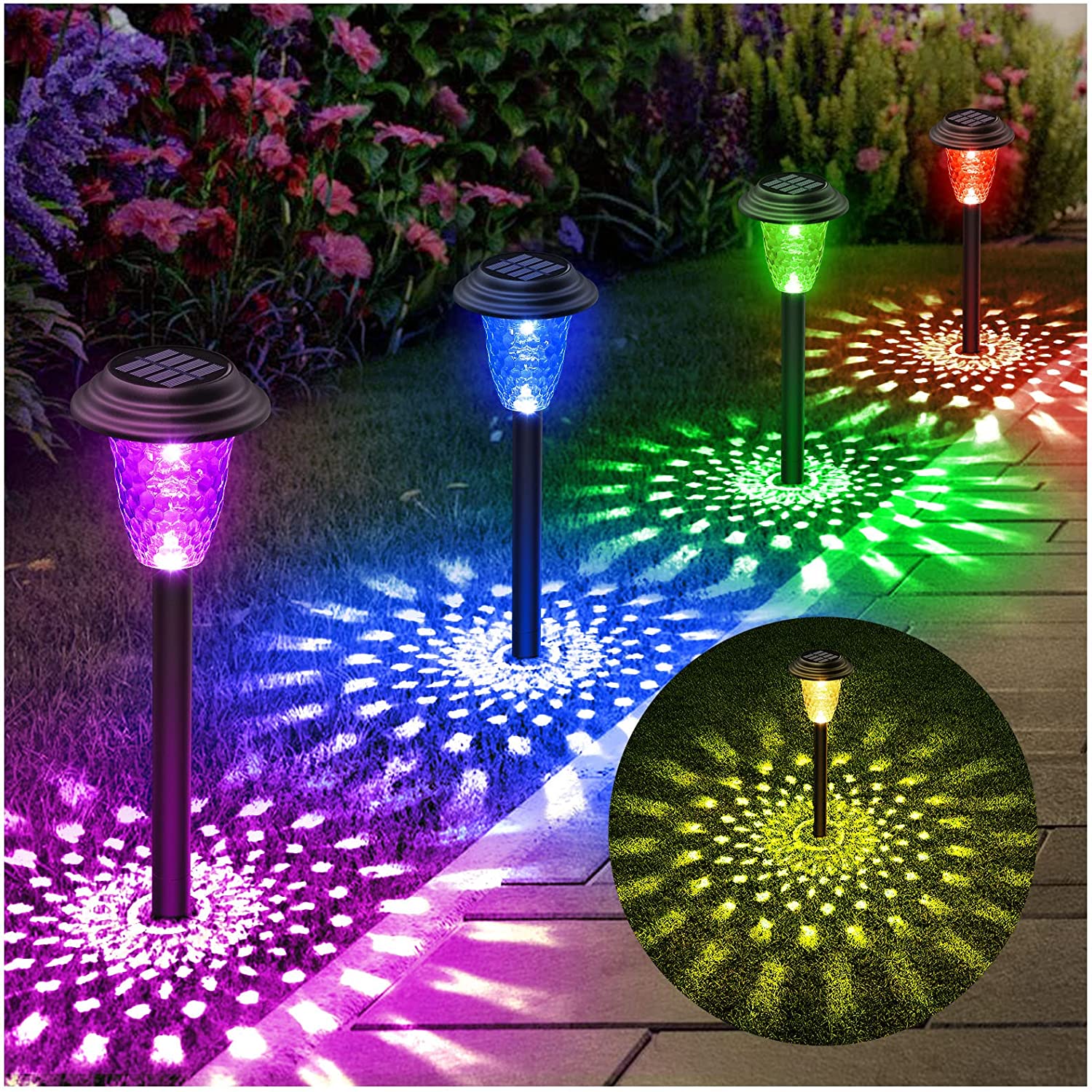 Outdoor Solar Pathway Lights with RGB Color Changing & Warm White Modes, IP Waterproof LED Solar Yard Lamp for Driveway