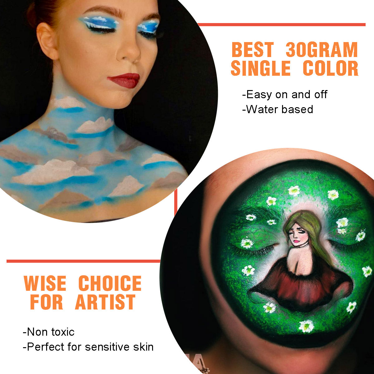 Professional Bowitzki 30g Face Paint Body Paint, Water Based Makeup for Kids and Adults, Safe Single Color Face Painting