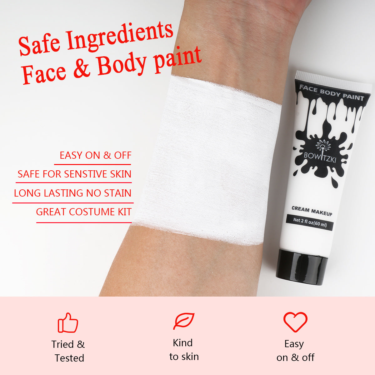 Bowitzki Face and Body Paint 2oz Cream, 60ml Water Based Makeup for Face Painting, Special Effects Adults Children