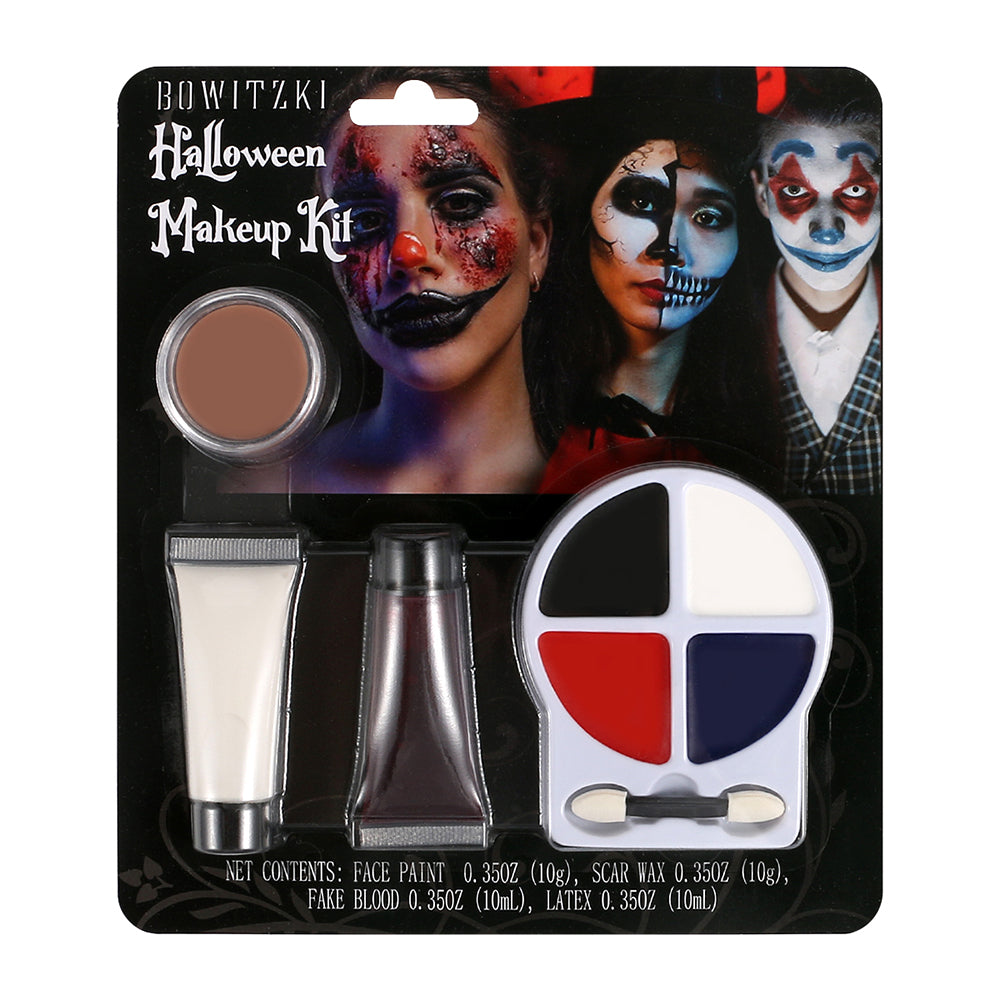 Bowitzki Clown Makeup Kit, Halloween Special Effect Makeup 4 Colors Face Paint, Liquid Latex, Fake Blood, Scar Wax