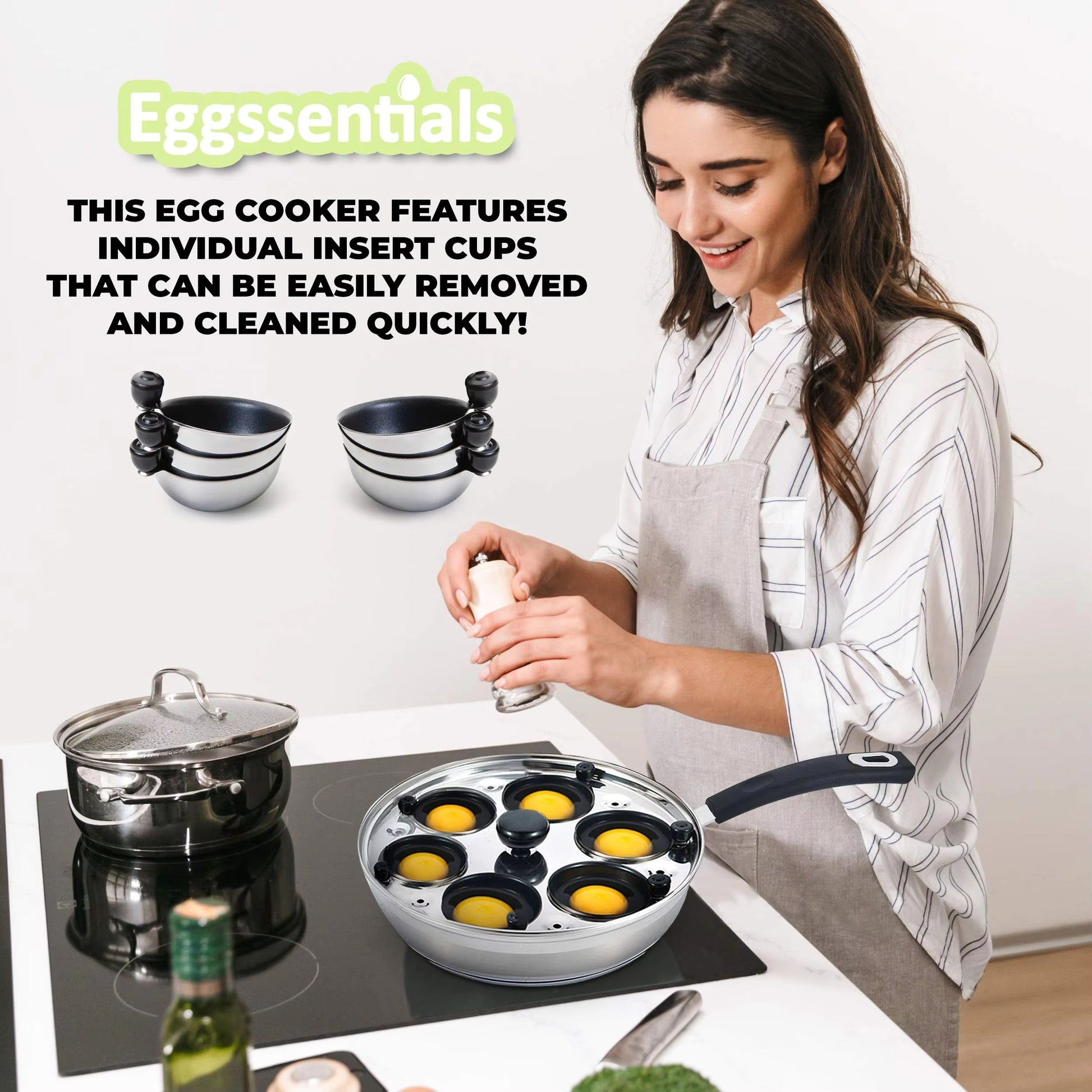 Stainless Steel Egg Poacher Pan  6Cup Nonstick Poached Egg Maker With Silicone Cups  Spatula 2