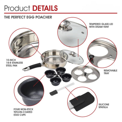 Stainless Steel Egg Poacher Pan  6Cup Nonstick Poached Egg Maker With Silicone Cups  Spatula 3