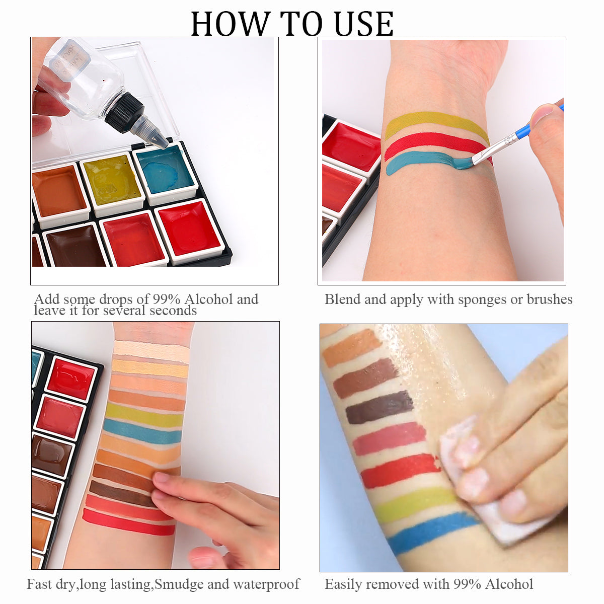 Depvision Alcohol Activated Face Paint, SFX Makeup 12 Color Palette, Waterproof Special Effects Bruise Kit for Artists