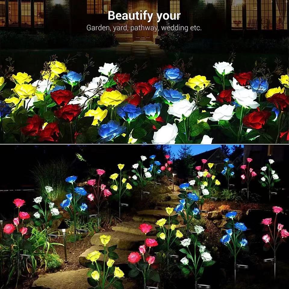 Outdoor Solar Lights Decorative Rose Flower Garden Lamp Heads Lawn Light for Patio, Yard & Garden Decor