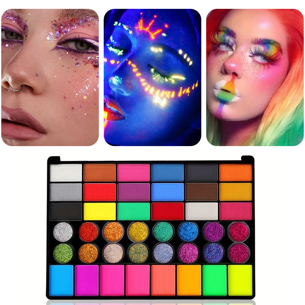 42 Colors UV Neon Face Paint Set, Fluorescent Glitter Art Makeup, Water Soluble Body Painting for Party Festivals Hallow