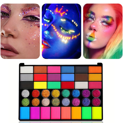 42 Colors UV Neon Face Paint Set, Fluorescent Glitter Art Makeup, Water Soluble Body Painting for Party Festivals Hallow