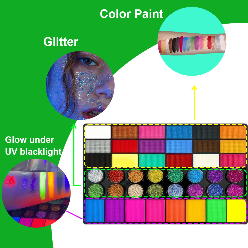 42 Colors UV Neon Face Paint Set, Fluorescent Glitter Art Makeup, Water Soluble Body Painting for Party Festivals Hallow
