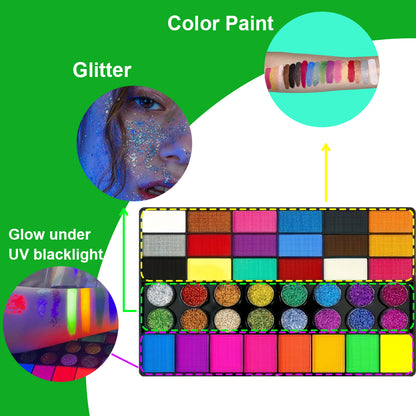 42 Colors UV Neon Face Paint Set, Fluorescent Glitter Art Makeup, Water Soluble Body Painting for Party Festivals Hallow