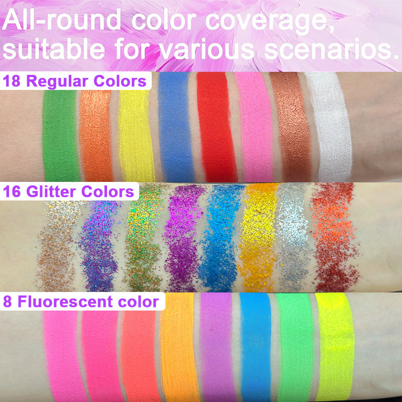 42 Colors UV Neon Face Paint Set, Fluorescent Glitter Art Makeup, Water Soluble Body Painting for Party Festivals Hallow