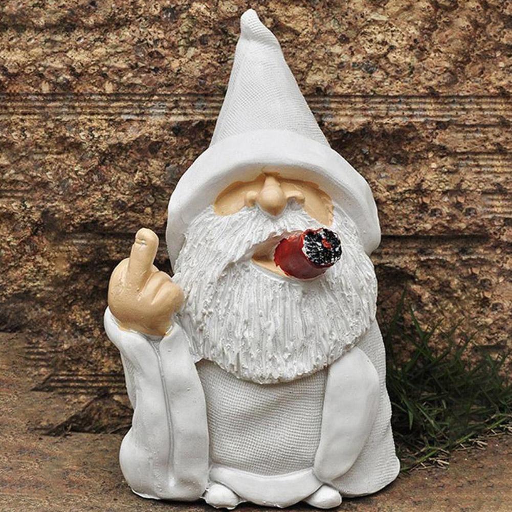 Funny White Beard Old Man Smoking Statue, Resin Garden Gnome Ornament with Middle Finger & Scissors Hand