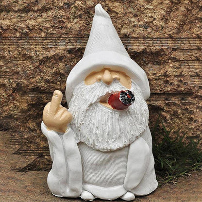 Funny White Beard Old Man Smoking Statue, Resin Garden Gnome Ornament with Middle Finger & Scissors Hand