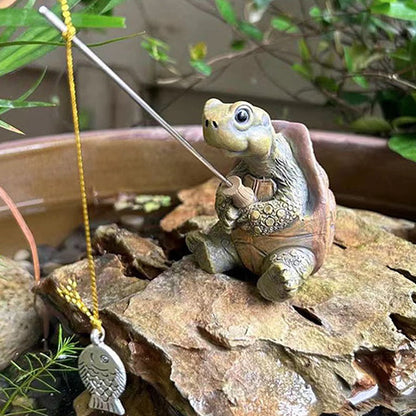 Resin Turtle Figurine, Creative Rope Fishing Turtle Statue Cute Simulation Animal Sculpture Ornament for Garden, Patio