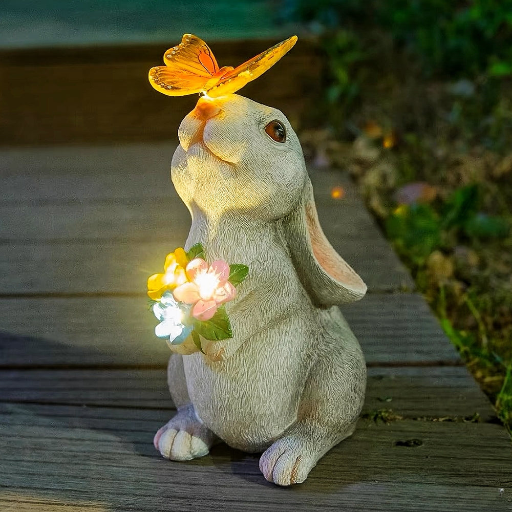 Resin Solar Bunny Statue Garden Decor With LED Butterfly Light Outdoor Animal Figurine Sculpture Fo 1